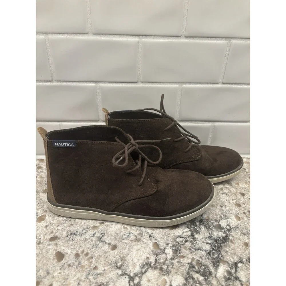 Boys Youth Size‎ 6 Casual Low Boots Lace Up Faux Leather Brown Nautica EUC